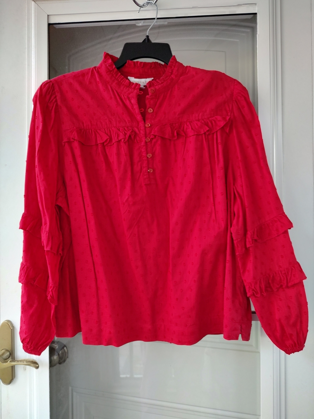 Women’s Red Ruffle Button-Front Blouse